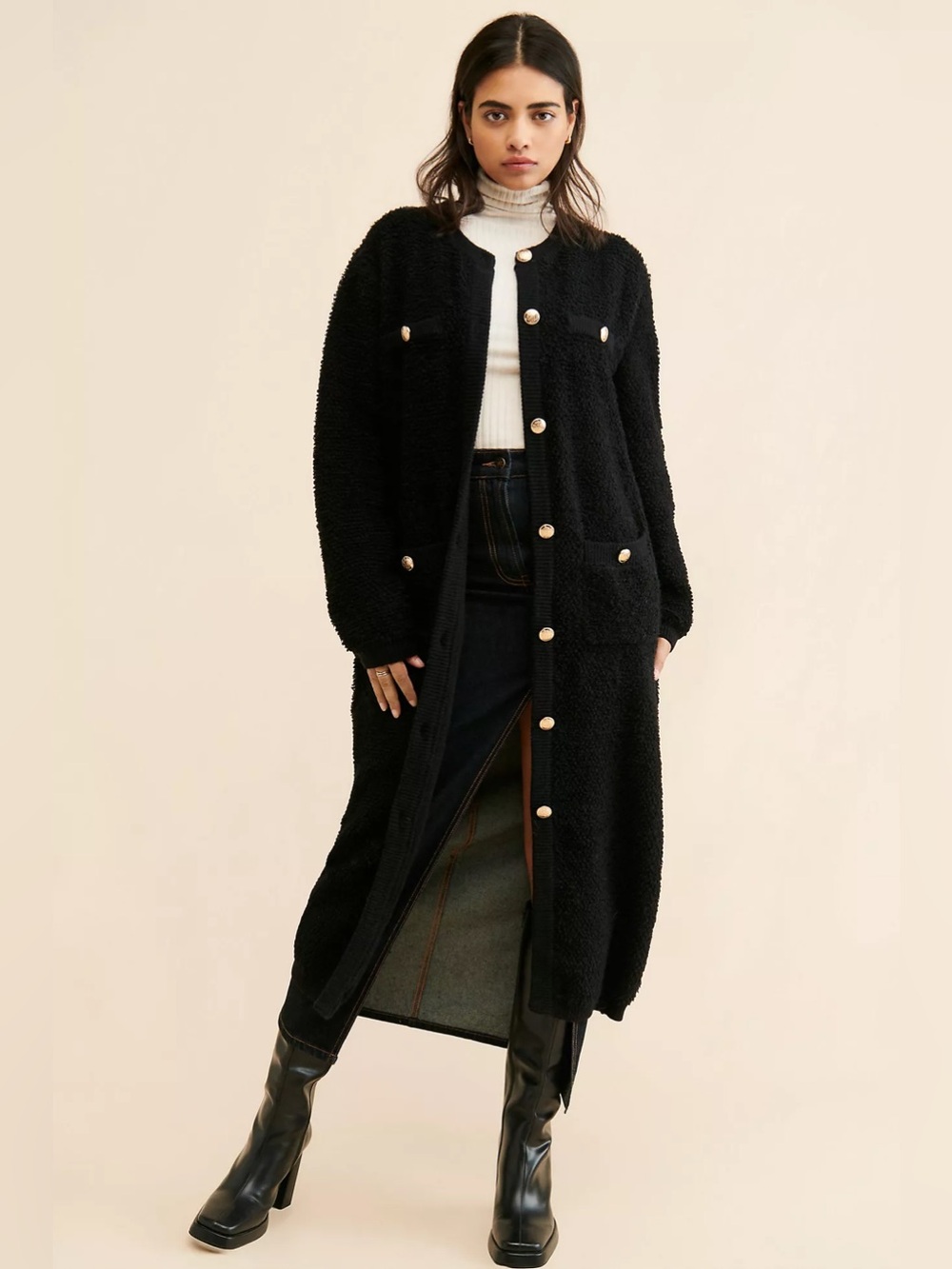Line and Dot Ivy Boucle Long‎ Line Black Cardigan Size Small